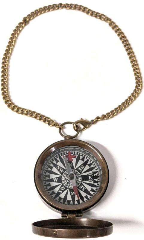 New Retro Antique-Finish Flip-Top 1.75" Diameter Pocket Compass on 11" Long Chain