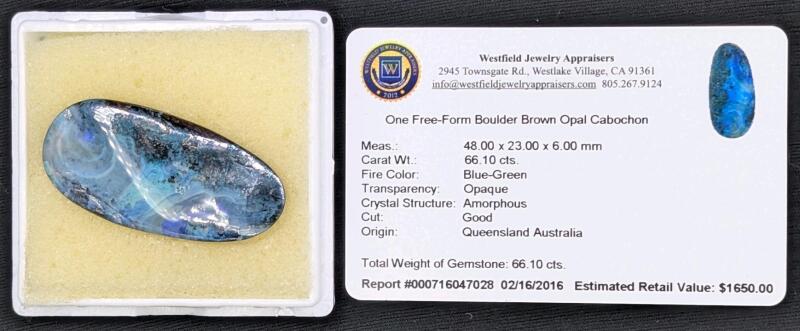 WOW Australian Free-Form Boulder Brown Opal Cabochon, 48 &times; 23 &times; 6mm, 66.10 cts, Blue-Green Fire, Opaque, Amorphous, with 10+ Year Old Appraisal, Appraised Estimate: $1650.00