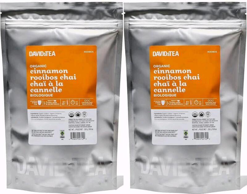 2 New David's Tea Organic Loose Leaf Cinnamon Rooibos Chai Tea, Caffeine Free 250g ea
