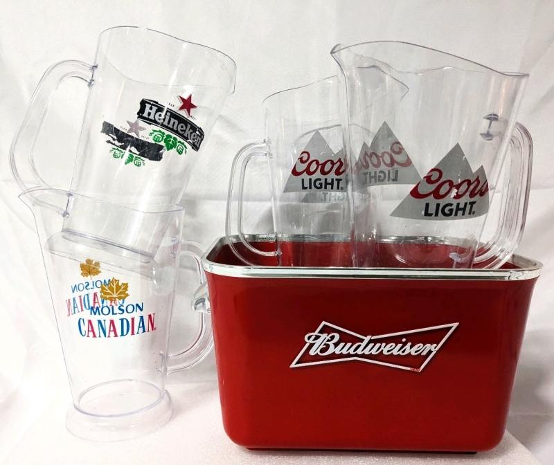 Coors Light, Molson Canadian, Heineken Plastic Beer Pitchers & Plastic Budweiser Beer Bottle/Ice Bucket.