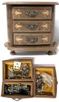 Vintage Burlwood-Style Jewelry Box Filled With Assorted Jewelry, 7.25" Tall, Music Box Non-Functional