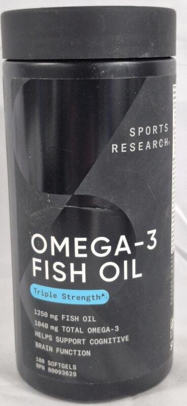 180 New Softgels Sports Research Omega-3 Fish Oil Triple Strength Supplement