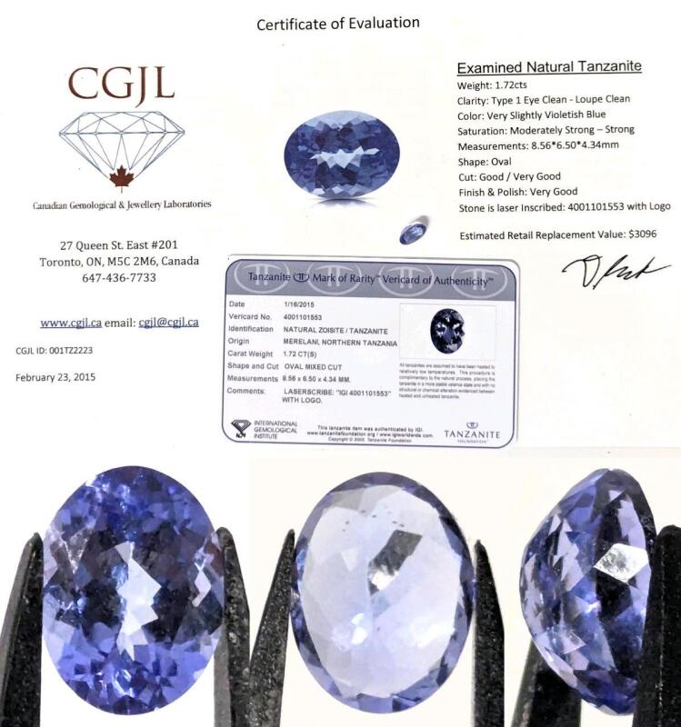 Natural Tanzanite, 1.72cts, Oval Cut. 8.55 &times; 6.50 &times; 4.34mm, Laser Enscribed, With 10+ Year Old Appraisal, Estimated Replacement Value $3072 At That Time