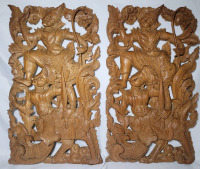 Vintage Thailand / Balinese Hand Carved High Relief Wooden Wall Panels