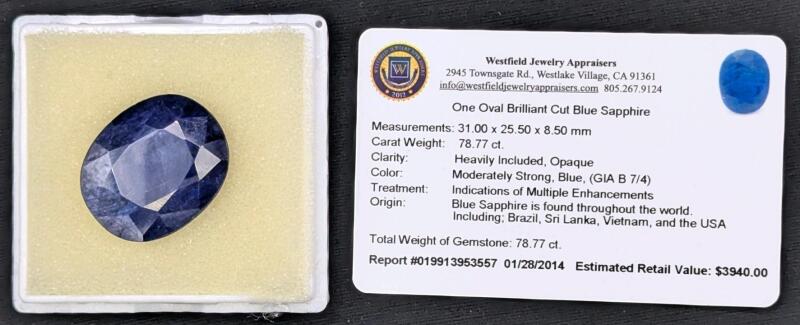 WOW!! Oval Brilliant Cut Blue Sapphire, 31 &times; 25.5 &times; 8.5mm, 78.77 cts, Heavily Included Opaque, Moderately Strong, Blue (GIA B 7/14) Indications Of Multiple Enhancements, with 10+ Year Old Appraisal, Appraised Estimate: $3940.00
