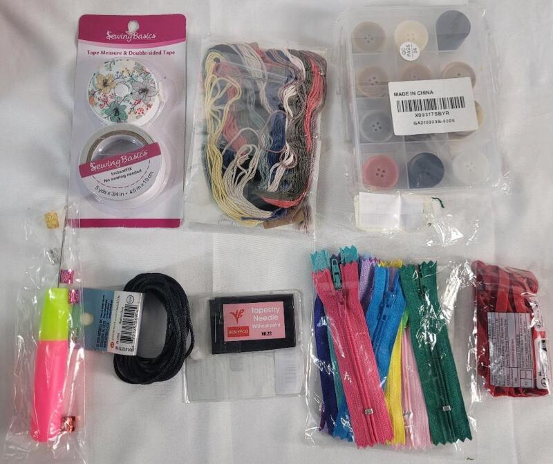 New - Sewing Lot . Includes : Buttons , Zippers , Needles , Tape Measurer , Double Sided Tape , Cross Stitch Thread & Pattern .