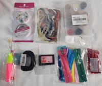 New - Sewing Lot . Includes : Buttons , Zippers , Needles , Tape Measurer , Double Sided Tape , Cross Stitch Thread & Pattern .