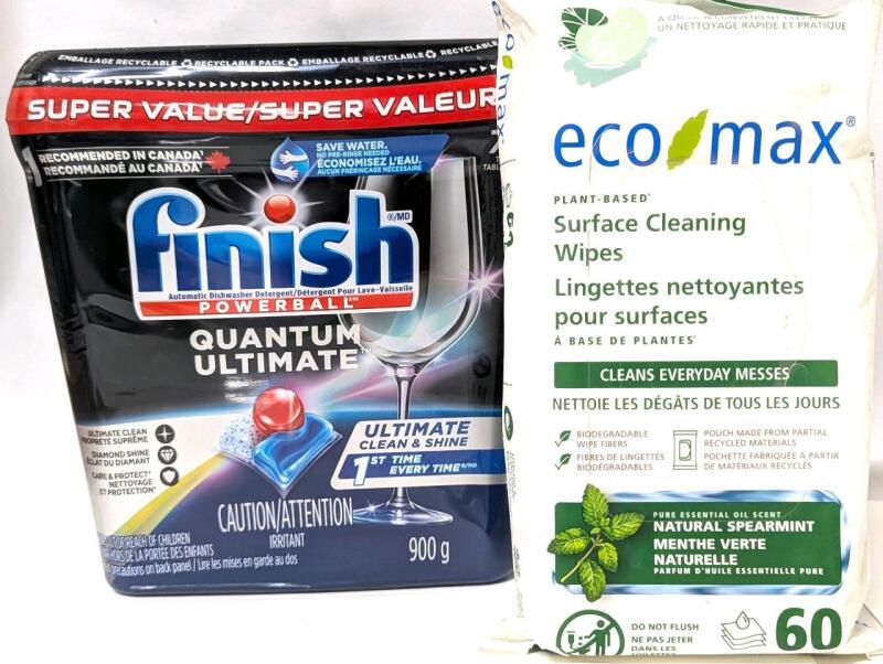 New FINISH Powerball Quantum Ultimate Dishwasher Pouches (Broken Lid, Some Loss May Have Occurred)& EcoMax Surface Cleaning Wipes : Natural Spearmint [BB 10/2026]
