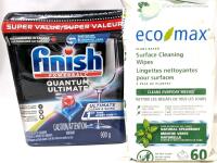 New FINISH Powerball Quantum Ultimate Dishwasher Pouches (Broken Lid, Some Loss May Have Occurred)& EcoMax Surface Cleaning Wipes : Natural Spearmint [BB 10/2026]