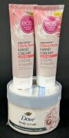 2 New EOS Shea Better Ultra Derm Hand Creams (Coconut Waters) & DOVE Body Scrub (Crushed Macadamia & Rice Milk)