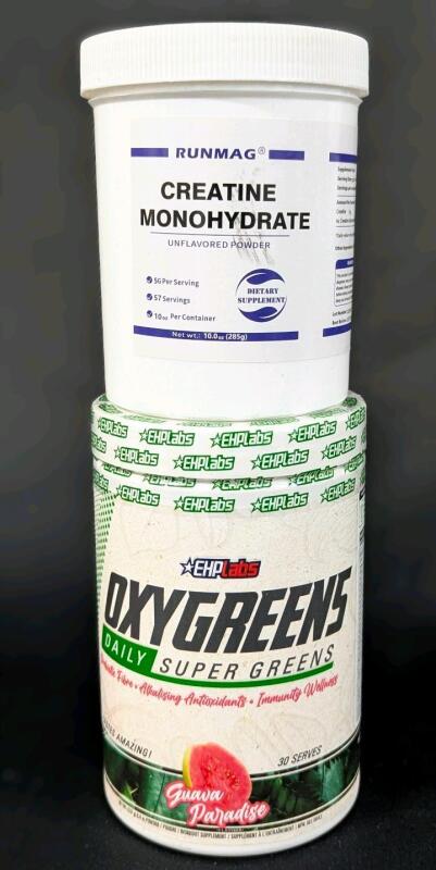 [EXP 11/2025 - 03/2027] New EHPLabs Oxygreen Daily Suoer Greens (Guava Paradise) & RunMag Creative Monohydrate Unflavored Powder