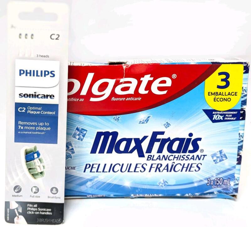 New 3-Pack COLGATE Max Fresh With Whitening Cool Mint Toothpastes & PHILIPS 3-Pack Sonicare C2 Medium Brush Heads [EXP 01/2027]