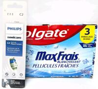 New 3-Pack COLGATE Max Fresh With Whitening Cool Mint Toothpastes & PHILIPS 3-Pack Sonicare C2 Medium Brush Heads [EXP 01/2027]