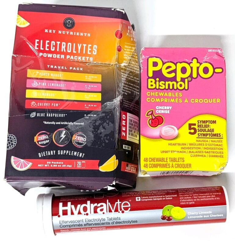 New Pepto Bismol Cherry Chewables, 20pc Key Nutrients Electrolyte Powder Packets, 20pc Hydralyte Effervescent Electrolyte Tablets (Cherry Limeade) - EXP 05/2026 - 12/2026]