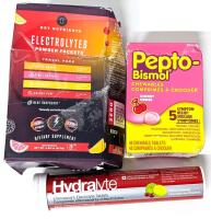 New Pepto Bismol Cherry Chewables, 20pc Key Nutrients Electrolyte Powder Packets, 20pc Hydralyte Effervescent Electrolyte Tablets (Cherry Limeade) - EXP 05/2026 - 12/2026]