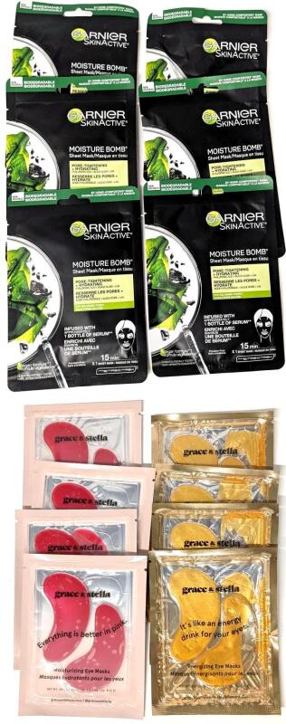 6 New Garnier Moisture Bomb Sheet Masks & 8 Grace & Stella Eye Masks (EXP 01/2028)