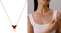 New Fiyjoey 14K Gold Plated Butterfly Lariat Necklace for Women Dainty Butterfly Mother of Pearl Y Necklace Minimalist Pendant Necklaces Jewelry Birthday (Red 16" + 2" extender)