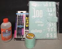 New Stationary Supplies Lot Elmers Magical Liquid, Pens, String and 100 Envelope Challenge