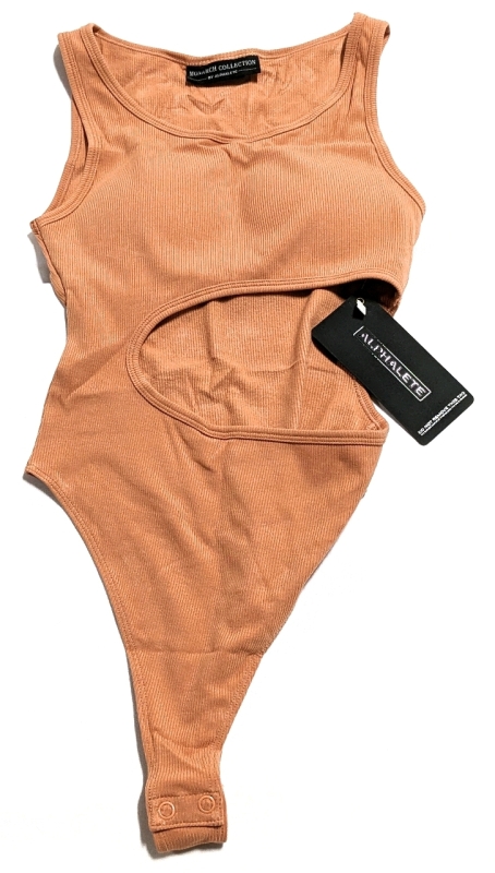 New ALPHALETE Women's sz Small Monarch Collection Cut Out Bodysuit: (Sandstone)