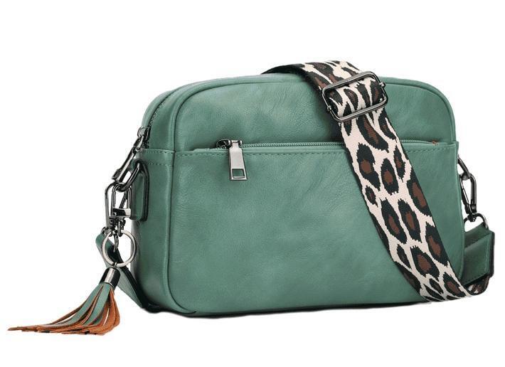 New KL928 Vegan Leather Crossbody Bag Purse With Woven Leopard Print Strap