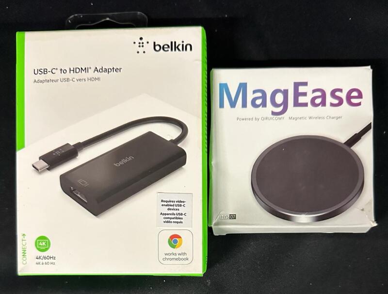 2 New Electronics Accessories, Includes MagEase Magnetic Wireless Charger and Belkin USB-C to HDMI Adapter