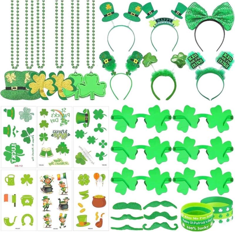 New St Patricks Day Accessories Party Favors Set, St. Patricks Day Supplies with Green Shamrock Glasses Tattoos Mustache Silicone Wristbands for Irish Parades