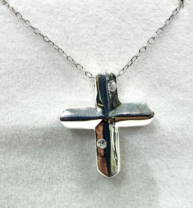 Sterling Silver Cross CZ Pendant with Sterling Silver Chain, Retail $350.00.