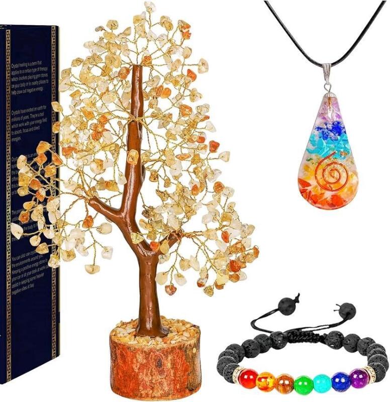 New Citrine Crystal Money Tree - Feng Shui Artificial Bonsai - Gemstone Tree of Life Decor for Good Luck + Bonus Bracelet & Pendant