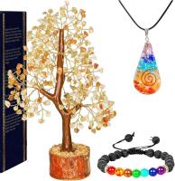 New Citrine Crystal Money Tree - Feng Shui Artificial Bonsai - Gemstone Tree of Life Decor for Good Luck + Bonus Bracelet & Pendant