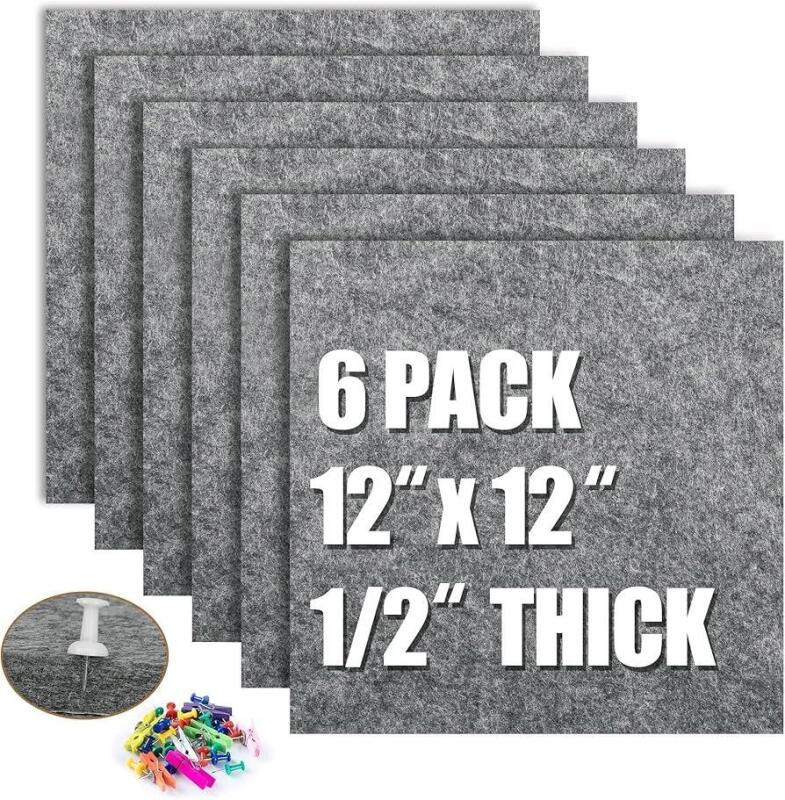 New AKTOP Cork Bulletin Board 12x12, 1/2" Thick Felt Cork Board Tiles 6 Pack, Small Square Pin Board for Wall, Self Adhesive Corkboards with 60 Push Pin Wood Clips for School, Home & Office, Grey