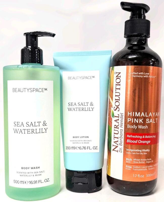 New BeautySpace Sea Salt & Water Lily Body Wash/Lotion + Natural Solution Himalayan Pink Salt Body Wash With Blood Orange