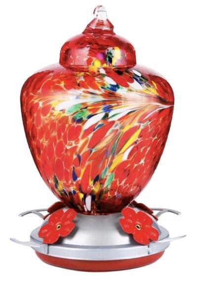 New Hummingbird Feeder with Perch - Hand Blown Glass - 38 Fluid Ounces Blue Hummingbird Nectar Capacity Including Hanging Wires and Moat Hook (red-fire)