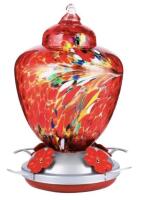 New Hummingbird Feeder with Perch - Hand Blown Glass - 38 Fluid Ounces Blue Hummingbird Nectar Capacity Including Hanging Wires and Moat Hook (red-fire)