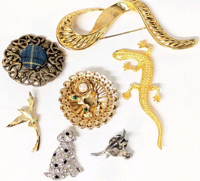 7 Vintage Brooches incl Signed Nancy Katz, Up To 3.5" Long