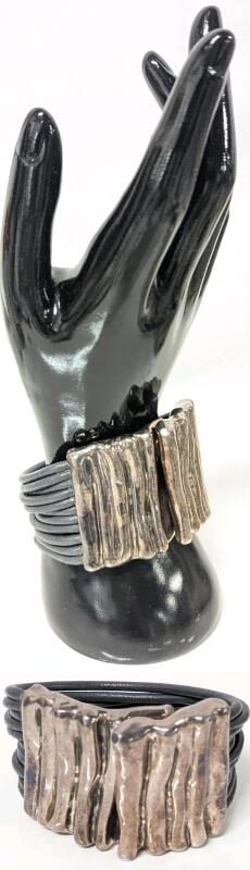 Vintage Israel Stamped 925 Sterling Silver & Leather Magnetic Closure Bracelet 1.75" Wide &times; 8" Long