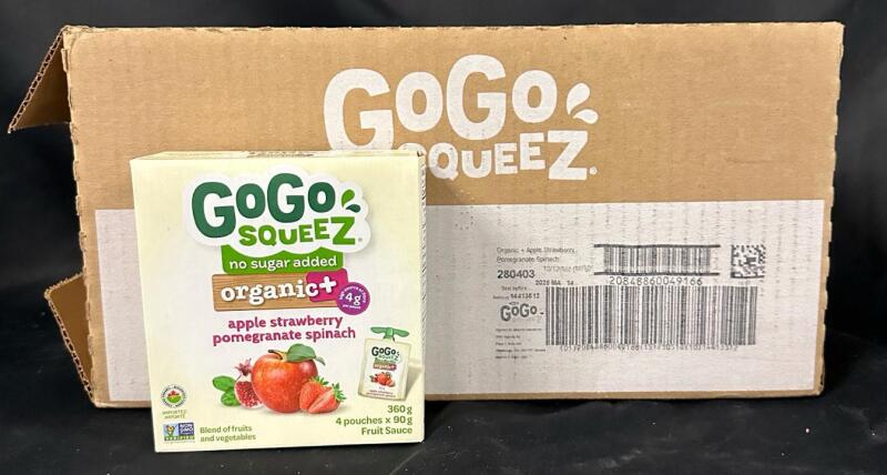 [BB 2025 MA 14] 48 New GoGo Squeez Organic+ Apple Strawberry Pomegranate Spinach Fruit Pouches (12 Packs of 4)