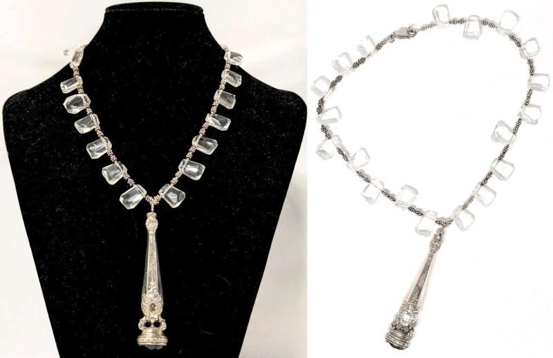 Lovely Vintage Stamped 925 Sterling Silver Presumed Crystal & Possible Amethyst Wand 17.5" Long Necklace