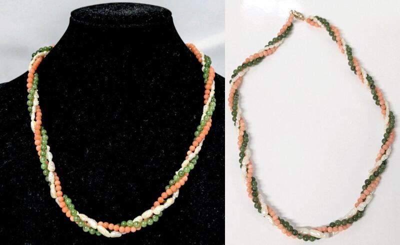 Gorgeous Vintage Presumed Pearl Jade Coral 17" Necklace With 14K Gold Clasp