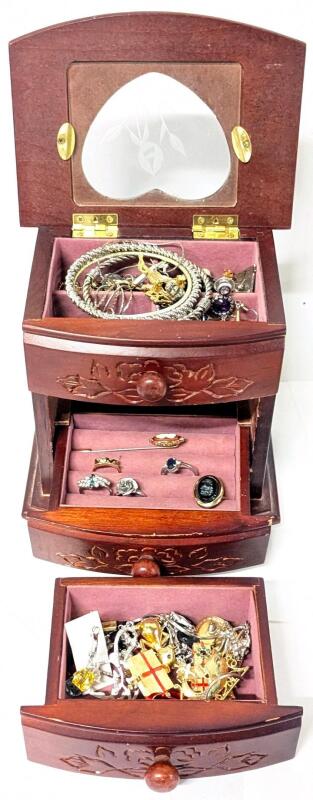 Assorted Jewelry in 3-Tier Jewelry Box 7" Tall