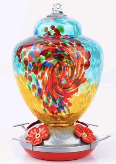 New Hummingbird Feeder with Perch - Hand Blown Glass - 38 Fluid Ounces Blue Hummingbird Nectar Capacity Including Hanging Wires and Moat Hook