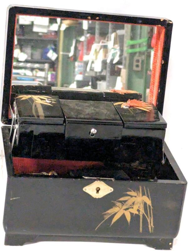 Vintage Laquered Musical* Jewelry Box With Inlaid Mother of Pearl & Assorted Jewelry Contents, 4.5" Tall, Music Box Non-Functional, No Key