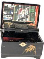 Vintage Laquered Musical* Jewelry Box With Inlaid Mother of Pearl & Assorted Jewelry Contents, 4.5" Tall, Music Box Non-Functional, No Key