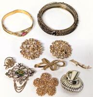 Assorted Vintage Jewelry: Pair Large Ornate Floral Clip-On Earrings. 6 Brooches, Hinged Bracelet & Bangle, Up To 2.5" Diameter