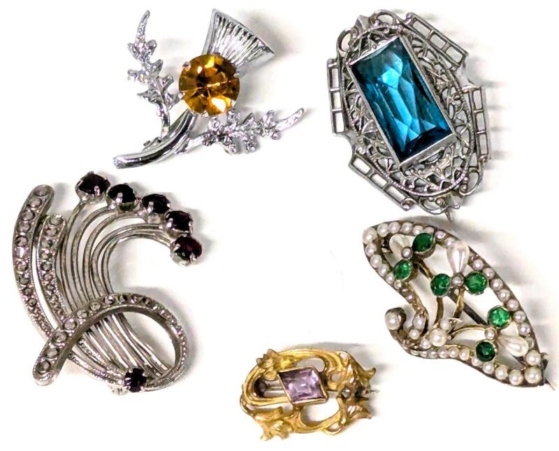 5 Vintage Brooches, 2 Stamped GERMANY US ZONE, Up To 1.5" Long
