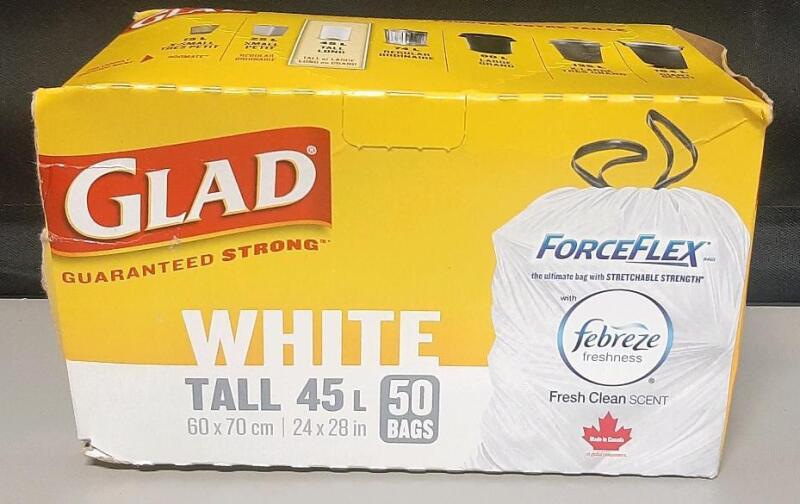 As New Pack of Glad Febreze Tall White Garbage Bags | Package has Noticeable Tears, Product is Unaffected