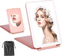 New LED Travel Mirror with 5x Magnification, Folding Lighted Makeup Mirror 3 Colors Light Modes, Rechargeable Portable Ultra Thin Compact Vanity Mirror