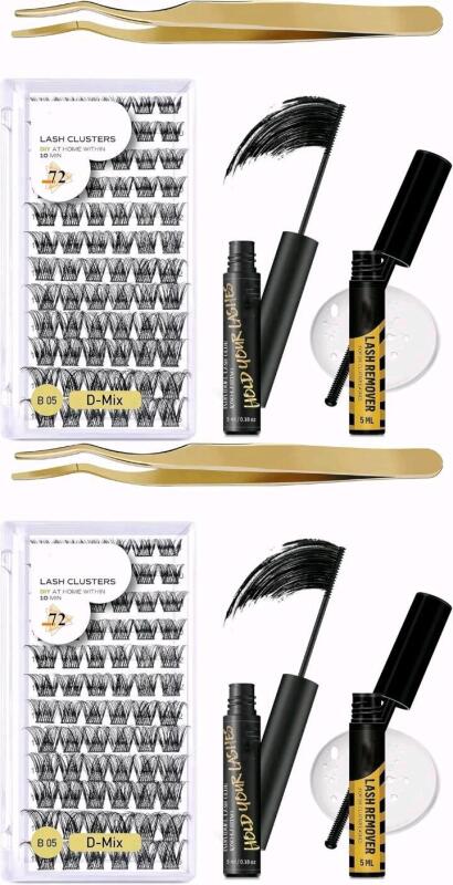 2 New B&Qaugen DIY Lash Extension Kit B05 Cluster B&Q Eyelash Individual Lashes Clusters with Mascara Brush Glue Remover Applicators for Eyelashes Extensions (Kit,B05) B05-D-8-16 MIX