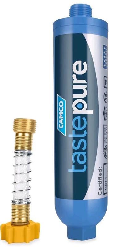 New (Damaged Box) Camco TastePURE RV/Marine Exterior Water Filter | Features Flexible Hose Protector | Reduces Bad Taste, Odor, Chlorine, and Sediment with a 20-Micron Sediment Filter | (40043)