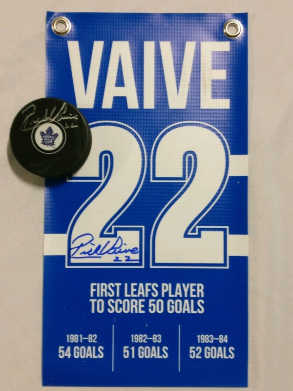 Hockey Puck & Banner Signed by Leafs Great Rick Vaive