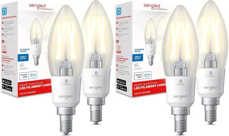 4 New SENGLED Smart Bluetooth LED Filament Candle Bulbs E12, Soft White, 450 Lumens, 2 Packs of 2